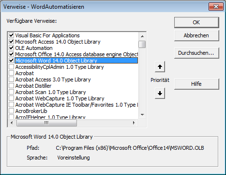 Verweis auf die Word-Bibliothek