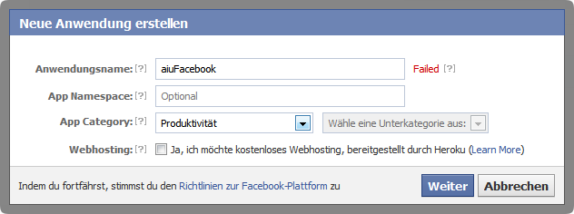 Erstellen der neuen Anwendung - hier fehlgeschlagen, da der Anwendungsname den Namen Facebook enthält
