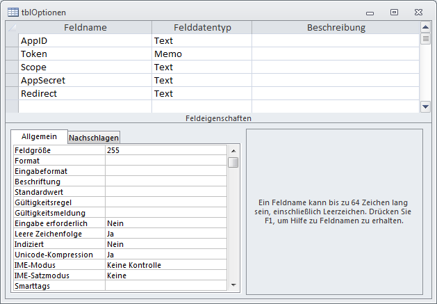 Tabelle zum Speichern der Anwendungsdaten für den Zugriff auf Facebook