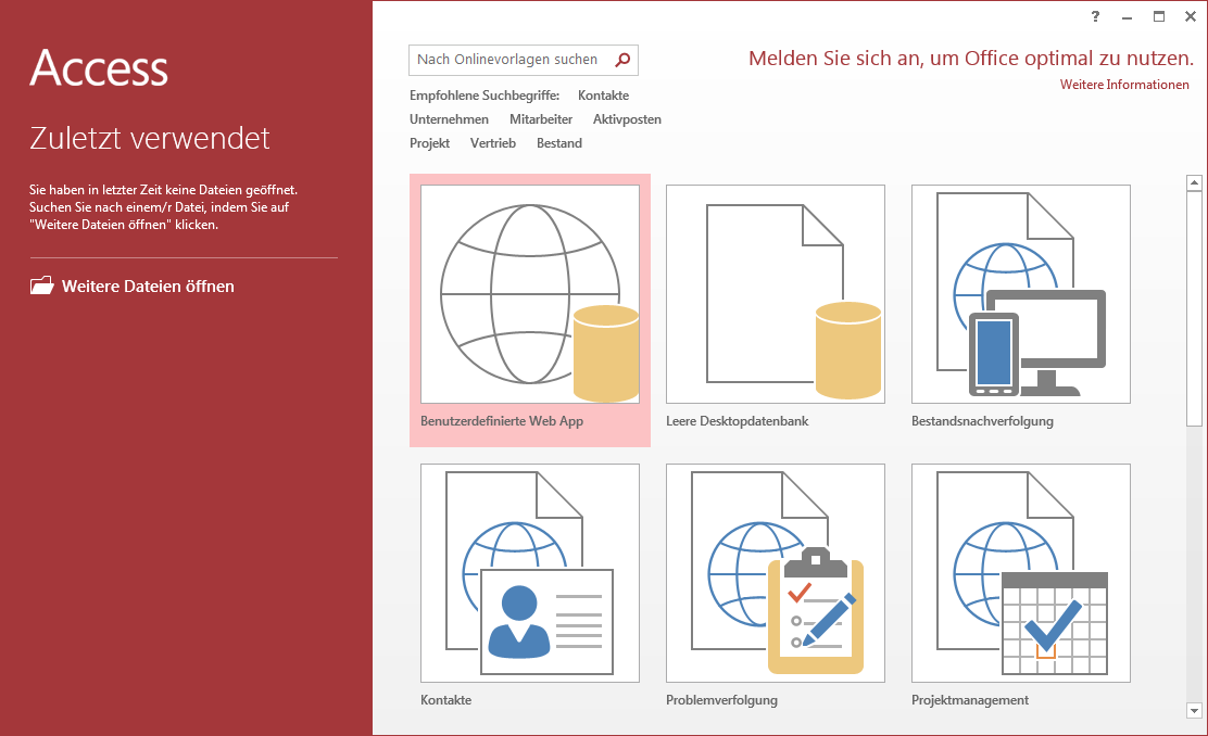Startbildschirm von Access 2013