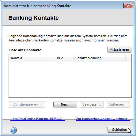 Der noch leere Dialog der Banking-Kontakte