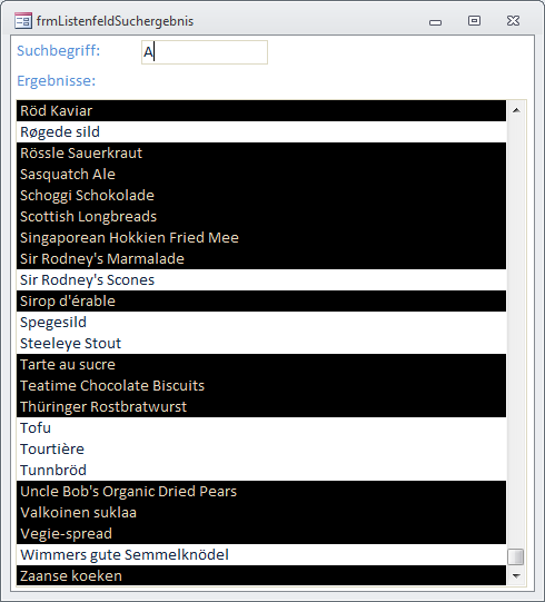 Nach dem Suchen zeigt das Listenfeld die untersten markierten Einträge an.