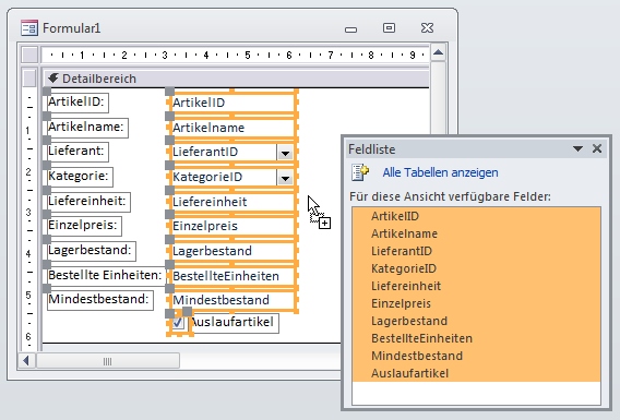 Hinzufügen der Felder für die Datenblattansicht