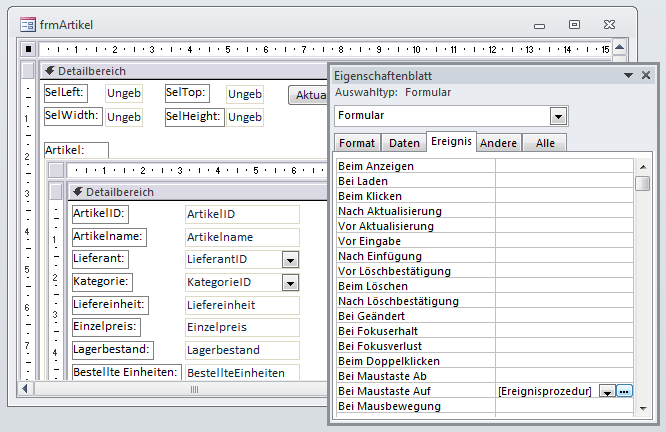 Anlegen des Bei Maustaste auf-Ereignisses für ein Textfeld des Datenblatts