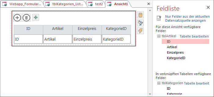 Datenblatt-Ansicht eines Formulars