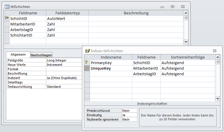 Die Tabelle tblSchichten enthält einen zusammengesetzten, eindeutigen Index für die beiden Felder MitarbeiterID und ArbeitstagID, damit für jeden Mitarbeiter nur eine Schicht je Arbeitstag festgelegt werden kann.