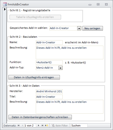 Formular zum Einstellen der Add-In-Eigenschaften