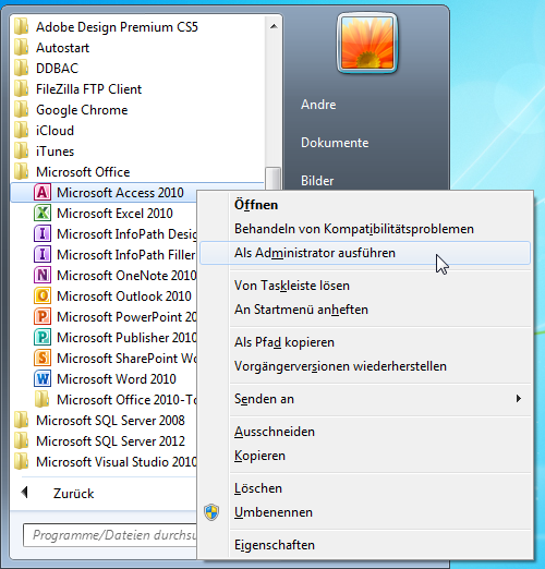 Access mit Administratorrechten starten
