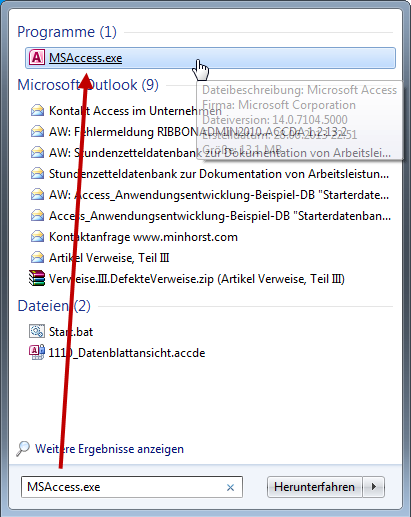 MSAccess.exe über die Suche im Startmenü auffinden