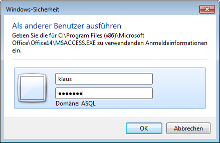 Benutzer und Kennwort zum Starten von Access eingeben