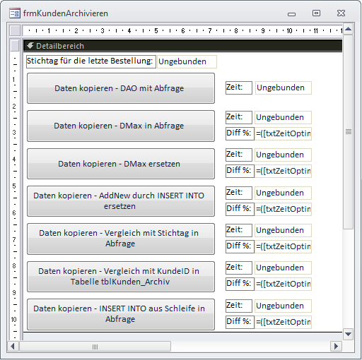 Formular mit Schaltflächen zum Starten der verschiedenen Archivierungen