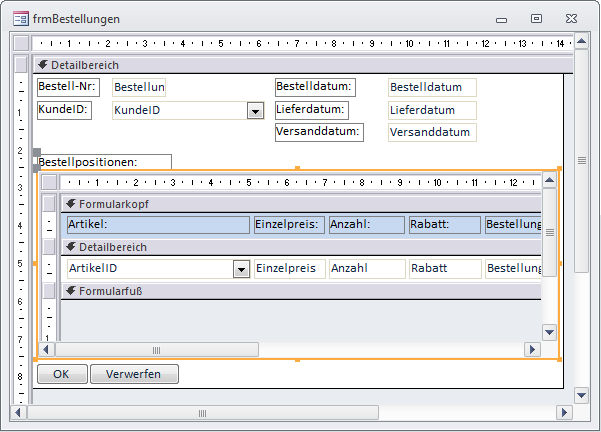 Haupt- und Unterformular in der Entwurfsansicht
