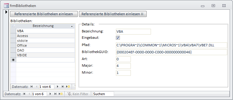 Liste der Verweise und Details des aktuell angezeigten Verweises nach dem Einlesen