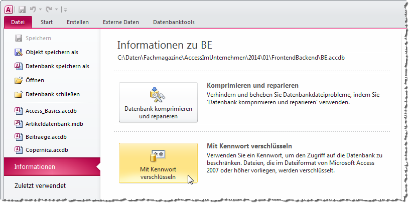 Zuweisen eines Datenbank-Kennwortes und Verschlüsseln der Datenbank