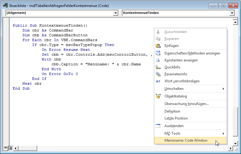 Anzeige des Kontextmenünamens per Kontextmenü