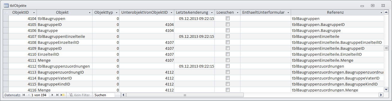 Die Tabelle tblObjekte mit einigen Beispieldaten