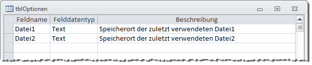 Optionentabelle zum Speichern der zuletzt verwendeten Dateien