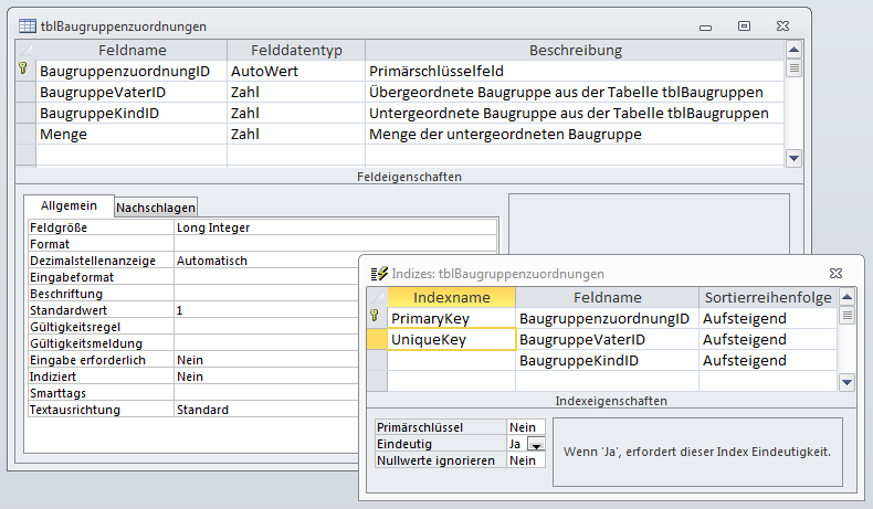 Entwurf der Tabelle tblBaugruppenzuordnungen