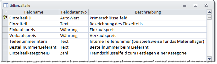 Entwurf der Tabelle tblEinzelteile