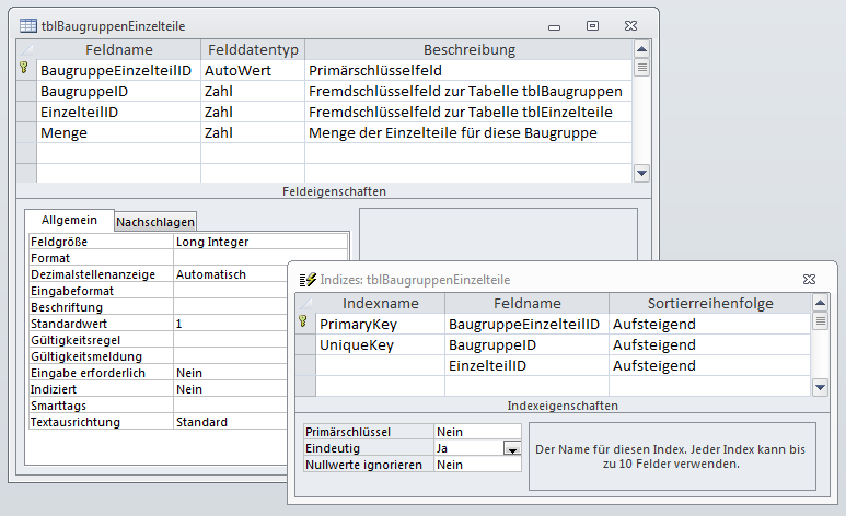 Entwurf der Tabelle tblBaugruppenEinzelteile