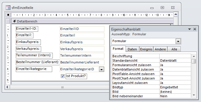 Aufbau des Unterformulars sfmEinzelteile