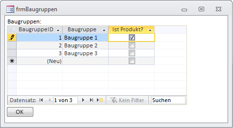 Bearbeiten von Baugruppen in der Formularansicht mit einem Unterformular in der Datenblattansicht