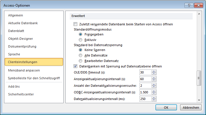 Sie können unter Access den Standardöffnungsmodus für Datenbankdateien festlegen.