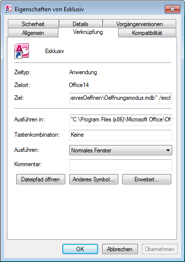 Verknüpfung zum exklusiven öffnen einer Datenbank