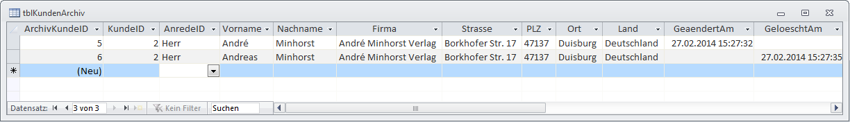 Die Tabelle tblKundenArchiv mit einem geänderten und einem gelöschten Datensatz