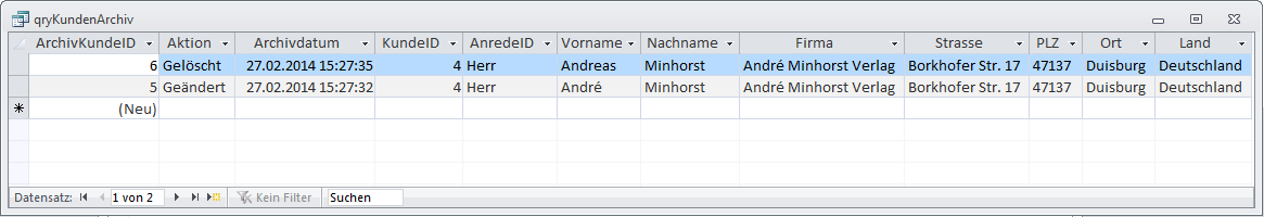 Die Abfrage qryKundenArchiv liefert die Daten der Tabelle tblKundenArchiv und bereitet diese auf.