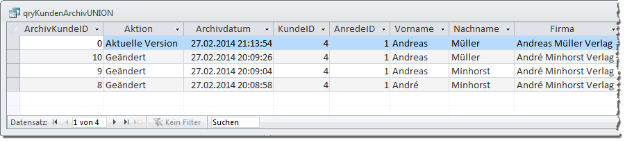 Die Abfrage führt den aktuellen Datensatz und seine archivierten Versionen zusammen.