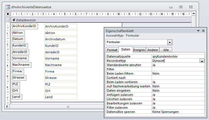 Das Unterformular sfmArchivierteDatensaetze, hier zunächst mit der Abfrage qryKundenArchiv als Datenherkunft