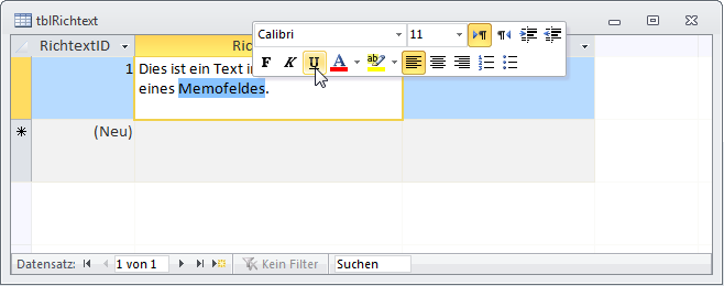 Die Rich-Text-Formatierungsmöglichkeiten erscheinen erst nach dem Markieren eines oder mehrerer Zeichen.