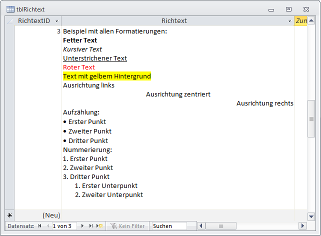 Die verschiedenen Formatierungen im Rich-Text-Format