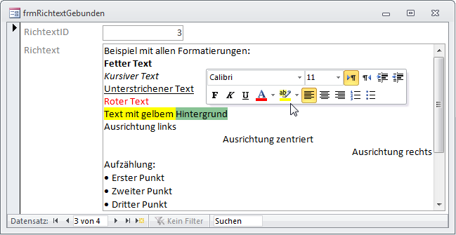 Gebundenes Textfeld mit Rich-Text im Formular