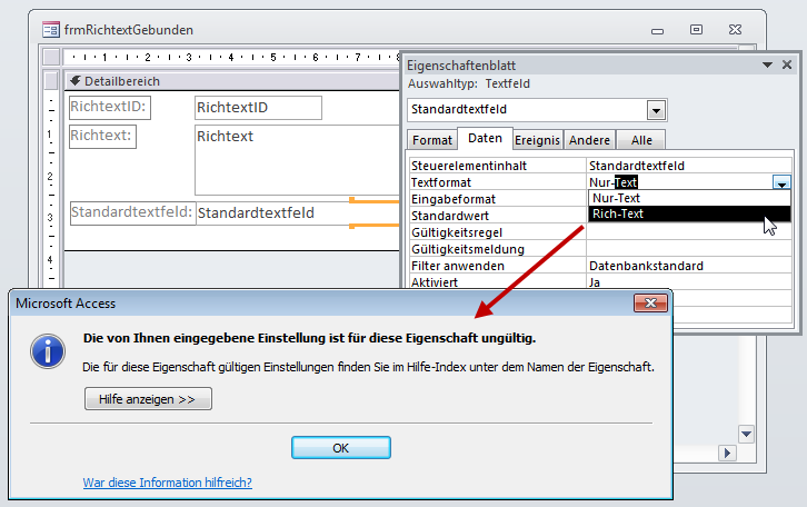 Der Wert Rich-Text steht zwar für herkömmliche Textfelder zur Verfügung, kann aber nicht eingestellt werden.