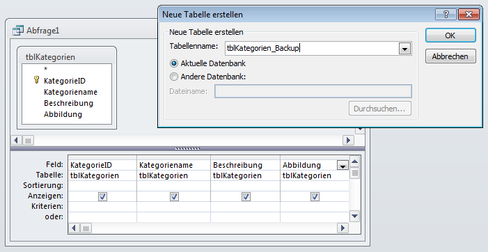 Angabe des Namens der zu erstellenden Tabelle