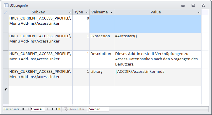 Inhalt der Tabelle USysRegInfo des neu erstellten Add-Ins
