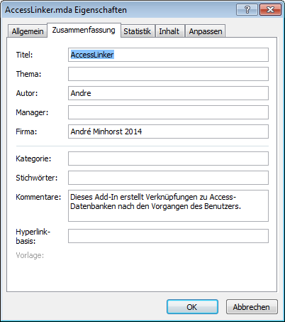 Eigenschaften der Add-In-Datenbank