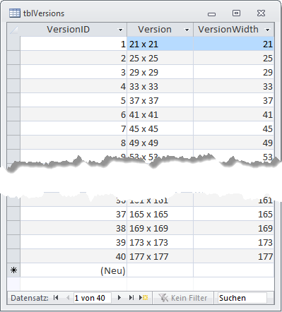 Die Tabelle tblVersions mit den benötigten Datensätzen