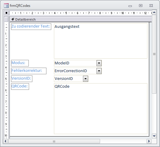 Formular zur Eingabe von Text, Mode, Fehlerkorrektur und Version