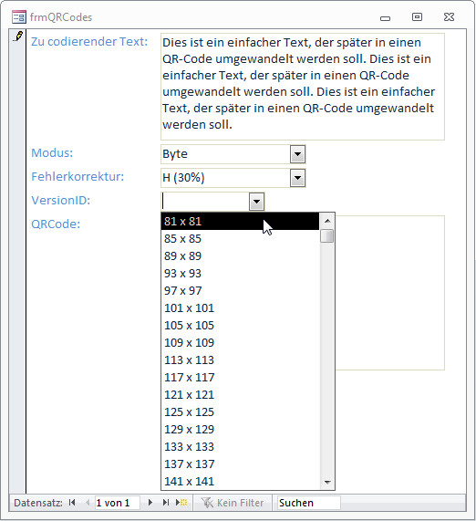 Formular zur Auswahl der Parameter