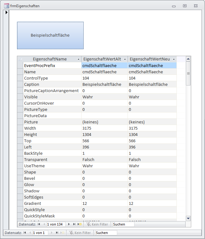 Formular zur Anzeige der alten und neuen Werte der Eigenschaften einer Schaltfläche