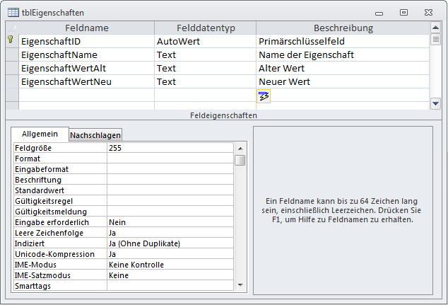 Tabelle zum Speichern der unterschiedlichen Eigenschaftswerte