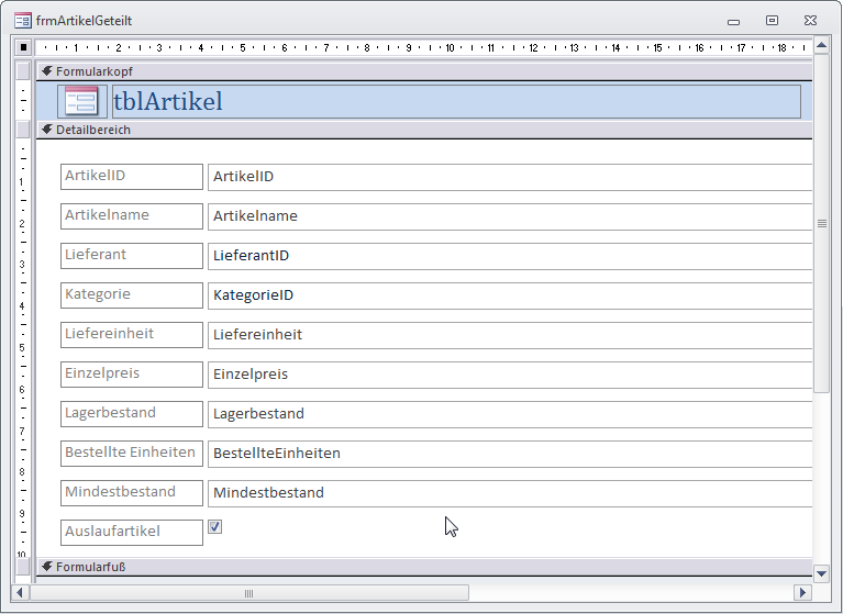 Entwurfsansicht des geteilten Formulars