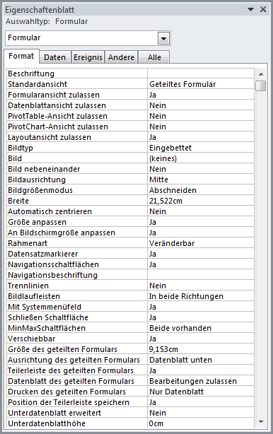 Eigenschaften des geteilten Formulars