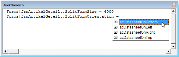 Einstellen der Ausrichtung des geteilten Formulars per VBA im Direktbereich