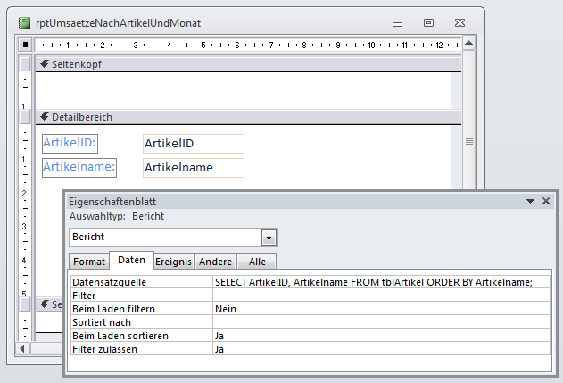 Bericht in der Entwurfsansicht mit Datenherkunft