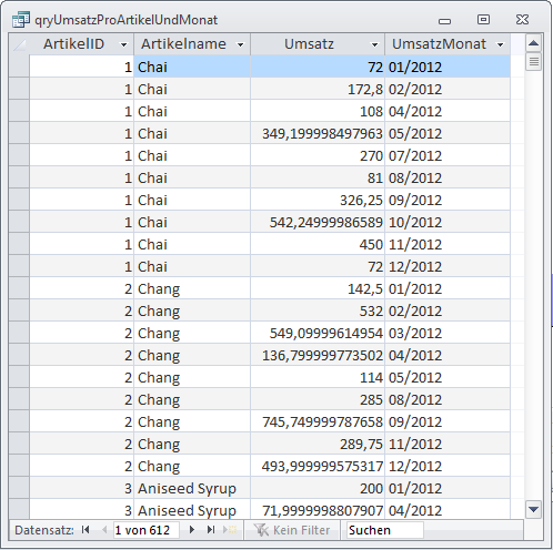 Datenherkunft in der Datenblattansicht