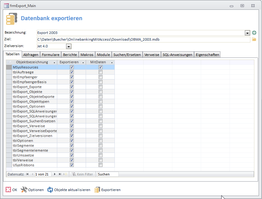 Der Export-Helfer für Access-Datenbanken